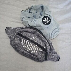 Adidas Fanny Pack Bag Gray Logo Adjustable Strap & Washed Denim Baseball Cap Set